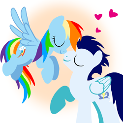 Size: 1400x1400 | Tagged: safe, artist:mlplary6, imported from derpibooru, rainbow dash, soarin', pegasus, pony, boyfriend and girlfriend, eyes closed, female, flying, heart, love, male, mare, ship:soarindash, shipping, smiling, stallion, straight