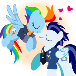Size: 1400x1400 | Tagged: safe, artist:mlplary6, imported from derpibooru, rainbow dash, soarin', pegasus, pony, the last problem, bomber jacket, clothes, female, flying, heart, husband and wife, jacket, love, male, mare, older, older rainbow dash, older soarin', older soarindash, ship:soarindash, shipping, smiling, stallion, straight