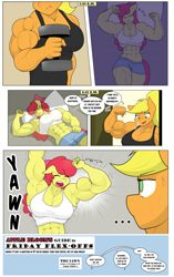 Size: 1519x2426 | Tagged: safe, artist:matchstickman, imported from derpibooru, apple bloom, applejack, anthro, earth pony, ..., abs, apple brawn, apple sisters, applejack is not amused, applejacked, armpits, bedroom, bicep flex, biceps, breasts, busty apple bloom, busty applejack, clothes, comic, deltoids, dialogue, dumbbell (object), duo, female, flexing, mare, matchstickman's apple brawn series, morning, muscles, muscular female, older, older apple bloom, onomatopoeia, pecs, siblings, sisters, sleeping, speech bubble, thighs, thunder thighs, triceps, unamused, waking up, weights, yawn