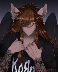 Size: 2292x2817 | Tagged: safe, artist:carbutt69, imported from derpibooru, oc, oc only, oc:nobunaga ryu, anthro, pegasus, black wings, bust, casual, covered eye, ear piercing, industrial piercing, korn, long mane, male, multicolored eyes, multicolored mane, muscles, muscular male, piercing, portrait, solo, tattoo, wings