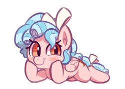 Size: 966x682 | Tagged: safe, artist:deerie, imported from derpibooru, cozy glow, pegasus, pony, blushing, bow, colored, female, filly, foal, freckles, hooves on cheeks, looking at you, lying down, prone, simple background, smiling, solo, tail, tail bow, white background, wings