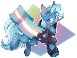 Size: 4096x3075 | Tagged: safe, artist:cutepencilcase, imported from derpibooru, trixie, pony, unicorn, cheek fluff, chest fluff, clothes, ear fluff, eyebrows, female, flag, g4, high res, hoodie, horn, leg fluff, looking at you, mare, mouth hold, pride, pride flag, simple background, solo, sparkles, trans female, trans trixie, transgender, transgender pride flag, transparent background