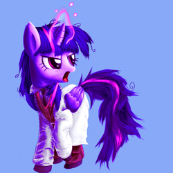 Size: 1280x1280 | Tagged: safe, artist:vultraz, imported from derpibooru, twilight sparkle, alicorn, pony, 2016, blue background, clothes, coat, female, folded wings, g4, glowing, glowing horn, horn, lab coat, magic, magic aura, mare, messy mane, messy tail, necktie, open mouth, raised hoof, scientist, simple background, solo, tail, twilight sparkle (alicorn), wings