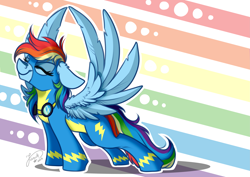 Size: 4093x2894 | Tagged: safe, artist:julunis14, imported from derpibooru, rainbow dash, pegasus, pony, clothes, eyes closed, female, floppy ears, g4, goggles, high res, mare, rainbow background, signature, smiling, solo, spread wings, stretching, uniform, wings, wonderbolts uniform