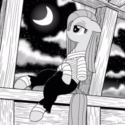 Size: 2048x2048 | Tagged: safe, artist:legendoflink, imported from derpibooru, pinkie pie, earth pony, pony, amputee, bandage, black and white, crescent moon, female, floppy ears, grayscale, looking up, mare, monochrome, moon, pinkamena diane pie, sarashi, solo