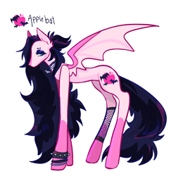 Size: 3600x3600 | Tagged: safe, artist:fhroggy, imported from derpibooru, oc, oc only, oc:applebat, bat pony, pony, bat pony oc, bat wings, choker, eyebrow piercing, eyeshadow, high res, makeup, male, offspring, parent:big macintosh, parent:fluttershy, parents:fluttermac, piercing, solo, stallion, studded bracelet, wings