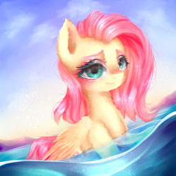 Size: 2000x2000 | Tagged: safe, artist:anieliy, artist:anieliy_, imported from derpibooru, fluttershy, pegasus, pony, colored eyebrows, eyebrows, female, fluffy, folded wings, g4, high res, looking at you, mare, ocean, solo, swimming, water, wings