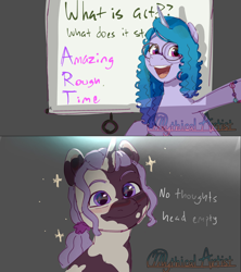 Size: 2560x2882 | Tagged: safe, artist:mythicalartist_, imported from derpibooru, izzy moonbow, pony, unicorn, duo, female, filly, foal, g5, glasses, high res, mare, no thoughts head empty, open mouth, open smile, round glasses, slideshow, smiling, violette rainbow