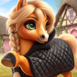 Size: 1024x1024 | Tagged: safe, imported from ponybooru, applejack, earth pony, pony, ai content, ai generated, bing, braid, clothes, female, hoof polish, mare, missing accessory, ponyville, solo, underhoof, unshorn fetlocks