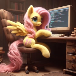 Size: 1024x1024 | Tagged: safe, imported from ponybooru, fluttershy, pegasus, pony, ai content, ai generated, alternate cutie mark, bing, book, chair, computer, desk, dirty, female, fluffy, mare, messy mane, messy tail, programming, solo