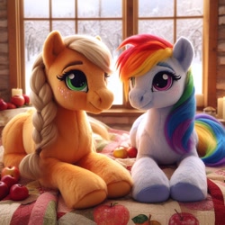 Size: 1024x1024 | Tagged: safe, imported from ponybooru, applejack, rainbow dash, earth pony, pony, ai content, ai generated, apple, bing, braid, duo, female, food, mare, missing accessory, plushie, quilt, race swap, snow, window, winter