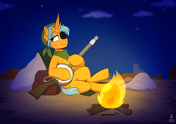 Size: 1436x1010 | Tagged: safe, artist:redxbacon, imported from derpibooru, oc, oc only, oc:penny, unicorn, fallout equestria, campfire, camping, commission, eyepatch, fallout, female, feral, fire, gun, horn, multiple horns, musical instrument, sitting, solo, solo female, travelling, unicorn oc, weapon