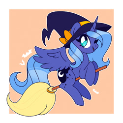 Size: 1500x1500 | Tagged: safe, artist:vivian reed, imported from derpibooru, princess luna, alicorn, pony, border, broom, female, flying, flying broomstick, halloween, hat, heart, heart eyes, holiday, mare, one eye closed, open mouth, open smile, orange background, riding, s1 luna, simple background, smiling, solo, spread wings, wingding eyes, wings, witch hat