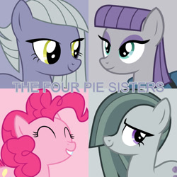 Size: 1080x1080 | Tagged: safe, artist:cheezedoodle96, artist:cloudy glow, artist:kooner-cz, artist:solusjbj, edit, editor:jaredking779, imported from derpibooru, limestone pie, marble pie, maud pie, pinkie pie, earth pony, pony, female, gray background, grin, mare, pie sisters, pink background, siblings, simple background, sisters, smiling