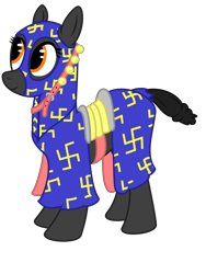 Size: 3120x4160 | Tagged: safe, artist:8968, ponerpics exclusive, oc, unnamed oc, earth pony, cloak, clothes, parody, ponerpics community collab 2023, saddle, saint george, saint george and the dragon, solo, tack, tinkerbell