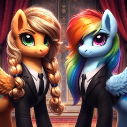 Size: 1024x1024 | Tagged: safe, imported from ponybooru, applejack, rainbow dash, pegasus, pony, ai content, ai generated, alternate cutie mark, alternate hairstyle, bing, braid, clothes, duo, female, fluffy, looking at you, mare, missing accessory, race swap, suit