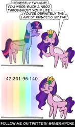 Size: 1000x1700 | Tagged: safe, artist:sneshpone, imported from derpibooru, pipp petals, twilight sparkle, alicorn, pegasus, pony, angry, dialogue, frown, g5, ip address, rainbow, twilight sparkle (alicorn)