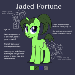 Size: 900x900 | Tagged: safe, artist:unitxxvii, imported from derpibooru, oc, oc:jaded fortune, earth pony, pony, blue background, female, looking at you, mare, reference sheet, simple background, smiling, smiling at you, solo