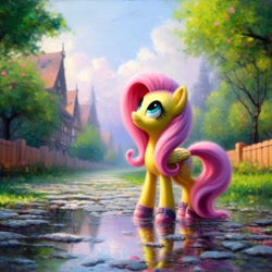 Size: 1024x1024 | Tagged: safe, imported from derpibooru, fluttershy, pegasus, pony, ai content, ai generated, cloud, female, fence, grass, houses, looking up, mare, painting, puddle, rain boots, road, sky, solo, tree, wrong cutie mark