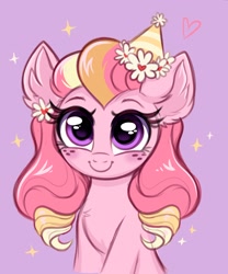 Size: 2144x2573 | Tagged: safe, artist:confetticakez, imported from derpibooru, oc, oc only, oc:honeycrisp blossom, earth pony, pony, ear fluff, female, filly, flower, flower in hair, foal, freckles, hat, heart, looking at you, offspring, parent:big macintosh, parent:princess cadance, parents:cadmac, party hat, purple background, simple background, smiling, smiling at you, solo