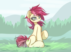 Size: 4096x3014 | Tagged: safe, artist:jfrxd, imported from derpibooru, roseluck, earth pony, pony, eyebrows, eyebrows visible through hair, female, grass, high res, looking at you, mare, mountain, outdoors, raised hoof, simple background, sitting, sky, smiling, smiling at you, solo