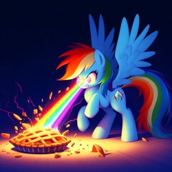 Size: 1024x1024 | Tagged: safe, imported from derpibooru, rainbow dash, pegasus, pony, ai content, ai generated, destruction, eye beams, female, food, mare, pie, rainbow, solo, spread wings, wings