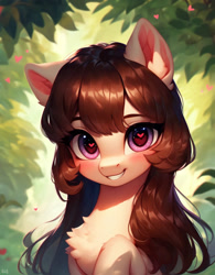 Size: 800x1024 | Tagged: safe, imported from derpibooru, oc, pony, ai content, ai generated, bangs, beautiful, blushing, brown mane, bust, chest fluff, cute, generator:purplesmart.ai, generator:stable diffusion, heart, heart eyes, leaves, long hair, looking at you, portrait, prompter:diego96, smiling, solo, teeth, wingding eyes