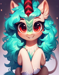 Size: 800x1024 | Tagged: safe, imported from derpibooru, oc, kirin, ai content, ai generated, beautiful, blushing, bust, cute, generator:purplesmart.ai, generator:stable diffusion, hooves, kirin oc, long hair, looking at you, messy mane, portrait, prompter:diego96, red eyes, simple background, smiling, solo, tail, teeth