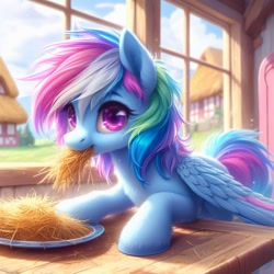 Size: 1024x1024 | Tagged: safe, imported from ponybooru, rainbow dash, pegasus, pony, ai content, ai generated, bing, eating, female, fluffy, hay, horses doing horse things, mare, ponyville, solo