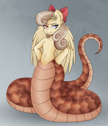 Size: 4628x5421 | Tagged: safe, alternate version, artist:madelinne, imported from derpibooru, oc, oc only, oc:peach blossom, lamia, original species, semi-anthro, absurd resolution, angry, belly button, bow, female, flower, flower in hair, hair bow, mare, simple background, solo, wings