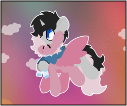 Size: 5468x4540 | Tagged: safe, artist:moonydusk, imported from derpibooru, oc, oc only, oc:cyan delta, oc:pastel dawn, pegasus, unicorn, clothes, cloud, cute, flying, hoodie, horn, morning, open mouth, pegasus oc, scarf, sky, smiling, unicorn oc, wings