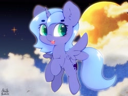 Size: 4000x3000 | Tagged: safe, artist:zokkili, imported from derpibooru, princess luna, alicorn, pony, beanbrows, cloud, cute, ear fluff, eyebrows, eyebrows visible through hair, female, flying, full moon, g4, heart, heart eyes, high, horn, looking sideways, lunabetes, moon, night, night sky, signature, sky, solo, sparkles, spread wings, stars, wingding eyes, wings