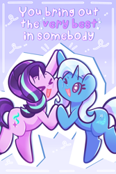 Size: 1200x1800 | Tagged: safe, artist:typhwosion, imported from derpibooru, starlight glimmer, trixie, unicorn, ><, cheek squish, cheek to cheek, eyes closed, female, lesbian, one eye closed, open mouth, open smile, positive ponies, ship:startrix, shipping, smiling, squishy cheeks, starry eyes, text, wingding eyes