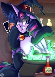 Size: 1650x2300 | Tagged: safe, artist:shadowreindeer, imported from derpibooru, twilight sparkle, alicorn, pony, bell, bell collar, cauldron, clothes, collar, costume, exclamation point, eye clipping through hair, eyebrows, eyebrows visible through hair, gritted teeth, halloween, halloween costume, hat, holiday, punch, socks, teeth, tentacles, twilight sparkle (alicorn), witch, witch hat