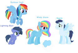 Size: 750x513 | Tagged: safe, artist:rai-knightshade, imported from derpibooru, rainbow dash, soarin', oc, oc:lightning blast, oc:windy storm, pegasus, pony, female, male, mare, offspring, parent:rainbow dash, parent:soarin', parents:soarindash, ship:soarindash, shipping, stallion, straight