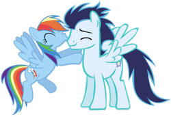 Size: 1050x720 | Tagged: safe, imported from derpibooru, rainbow dash, soarin', pegasus, pony, cheek kiss, female, kissing, male, mare, ship:soarindash, shipping, simple background, stallion, straight, transparent background