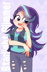 Size: 970x1491 | Tagged: safe, artist:leo19969525, imported from derpibooru, starlight glimmer, human, equestria girls, clothes, cute, female, glimmerbetes, hand on cheek, human coloration, open mouth, pants, ripped pants, smiling, solo, torn clothes, vest