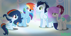 Size: 750x385 | Tagged: safe, artist:stormy-night-pony, imported from derpibooru, rainbow dash, soarin', oc, pegasus, pony, female, filly, foal, male, mare, offspring, parent:rainbow dash, parent:soarin', parents:soarindash, ship:soarindash, shipping, stallion, straight