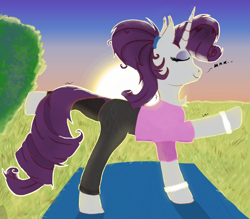 Size: 1550x1358 | Tagged: safe, artist:raritymylove, imported from derpibooru, rarity, pony, chest fluff, clothes, ear fluff, pants, solo, sunset, workout outfit, yoga pants