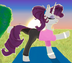 Size: 1550x1358 | Tagged: safe, artist:raritymylove, imported from derpibooru, rarity, pony, chest fluff, clothes, ear fluff, pants, solo, sunset, workout outfit, yoga pants