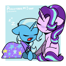 Size: 2362x2362 | Tagged: safe, artist:jellysketch, imported from derpibooru, starlight glimmer, trixie, pony, unicorn, cute, diatrixes, female, glimmerbetes, lesbian, peachtober, ship:startrix, shipping, sleeping