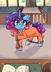 Size: 2895x4092 | Tagged: safe, artist:jubyskylines, imported from derpibooru, clothes, commissioner:rainbowdash69, courtroom, cuffed, cuffs, g5, jumpsuit, misty brightdawn, never doubt rainbowdash69's involvement, prison outfit, prisoner, prisoner misty, rebirth misty, shackles, shirt, undershirt