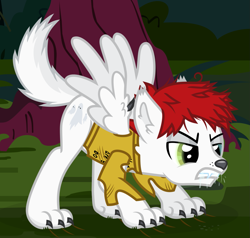 Size: 1341x1278 | Tagged: safe, artist:lightningbolt, derpibooru exclusive, imported from derpibooru, pegasus, pony, werewolf, .svg available, angry, awsten knight, canine nose, canine tail, claws, clothes, drool, dyed mane, ear fluff, face down, fangs, glowing, glowing eyes, grass, growling, heterochromia, long sleeves, male, messy mane, outdoors, paws, ponified, shirt, show accurate, solo, spread wings, svg, torn clothes, tree, vector, waterparks, wing fluff, wings