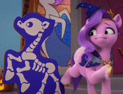 Size: 1737x1333 | Tagged: safe, imported from derpibooru, screencap, pipp petals, skeleton pony, spoiler:g5, spoiler:my little pony: make your mark, spoiler:my little pony: make your mark chapter 5, spoiler:mymc05e06, bone, cardboard cutout, clothes, costume, g5, hat, my little pony: make your mark, my little pony: make your mark chapter 5, nightmare night, nightmare on mane street, skeleton, solo, stained glass, window, witch, witch hat