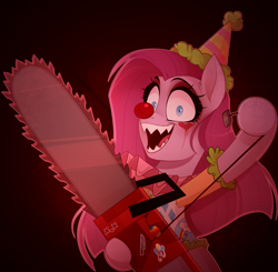 Size: 1100x1080 | Tagged: safe, artist:thewandie, imported from derpibooru, pinkie pie, earth pony, pony, fanfic:cupcakes, alternate hairstyle, blood, chainsaw, clothes, clown, clown makeup, clown nose, commission, cutie mark dress, dress, eyeshadow, fangs, female, halloween, halloween 2023, hat, holiday, implied applejack, implied rainbow dash, implied rarity, makeup, mare, open mouth, party hat, pinkamena diane pie, raised hoof, red nose, sharp teeth, shirt, solo, sticker, teeth, this will end in death, ych result