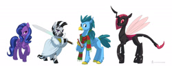 Size: 2138x920 | Tagged: safe, artist:carnifex, imported from derpibooru, oc, oc only, changeling, changeling queen, hippogriff, pegasus, pony, zebra, female, hippogriff oc, red changeling, zebra oc