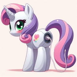 Size: 1024x1024 | Tagged: safe, imported from derpibooru, sweetie belle, pony, robot, robot pony, unicorn, ai content, ai generated, butt, charging cable, generator:dall-e 3, plot, prompter:nebbie, simple background, solo, sweetie bot