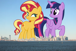 Size: 1600x1066 | Tagged: safe, artist:andoanimalia, artist:famousmari5, edit, editor:jaredking779, imported from derpibooru, sunset shimmer, twilight sparkle, alicorn, pony, unicorn, duo, duo female, female, folded wings, giant pony, giantess, highrise ponies, irl, macro, manhattan, mare, new york, new york city, photo, ponies in real life, smiling, story included, twilight sparkle (alicorn), wings