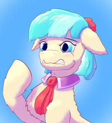 Size: 2009x2200 | Tagged: safe, artist:gosha305, imported from derpibooru, coco pommel, earth pony, pony, blushing, bust, cheek fluff, chest fluff, clothes, cute, ear fluff, female, flower, flower in hair, gradient background, gritted teeth, mare, necktie, portrait, raised hoof, solo, solo female, teeth