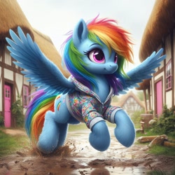 Size: 1024x1024 | Tagged: safe, imported from ponybooru, rainbow dash, pegasus, pony, ai content, ai generated, alternate cutie mark, bing, clothes, female, flying, hoodie, mare, mud, ponyville, rain, smiling, solo, wet